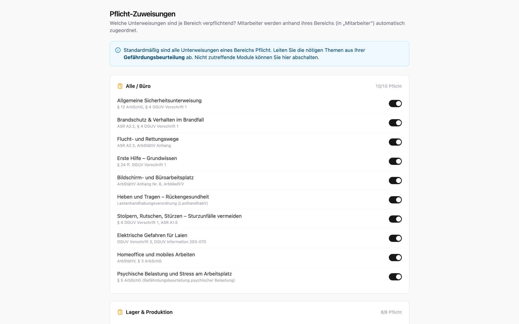 Pflicht-Zuweisungen in Hugo Safe: ein Hinweis, dass Mitarbeiter anhand ihres Bereichs automatisch zugeordnet werden und die nötigen Themen aus der Gefährdungsbeurteilung abgeleitet werden; darunter je Bereich (z. B. „Alle / Büro“, „Lager & Produktion“) die Pflicht-Unterweisungen mit ihrer Rechtsgrundlage und einem Schalter zum Aktivieren/Deaktivieren