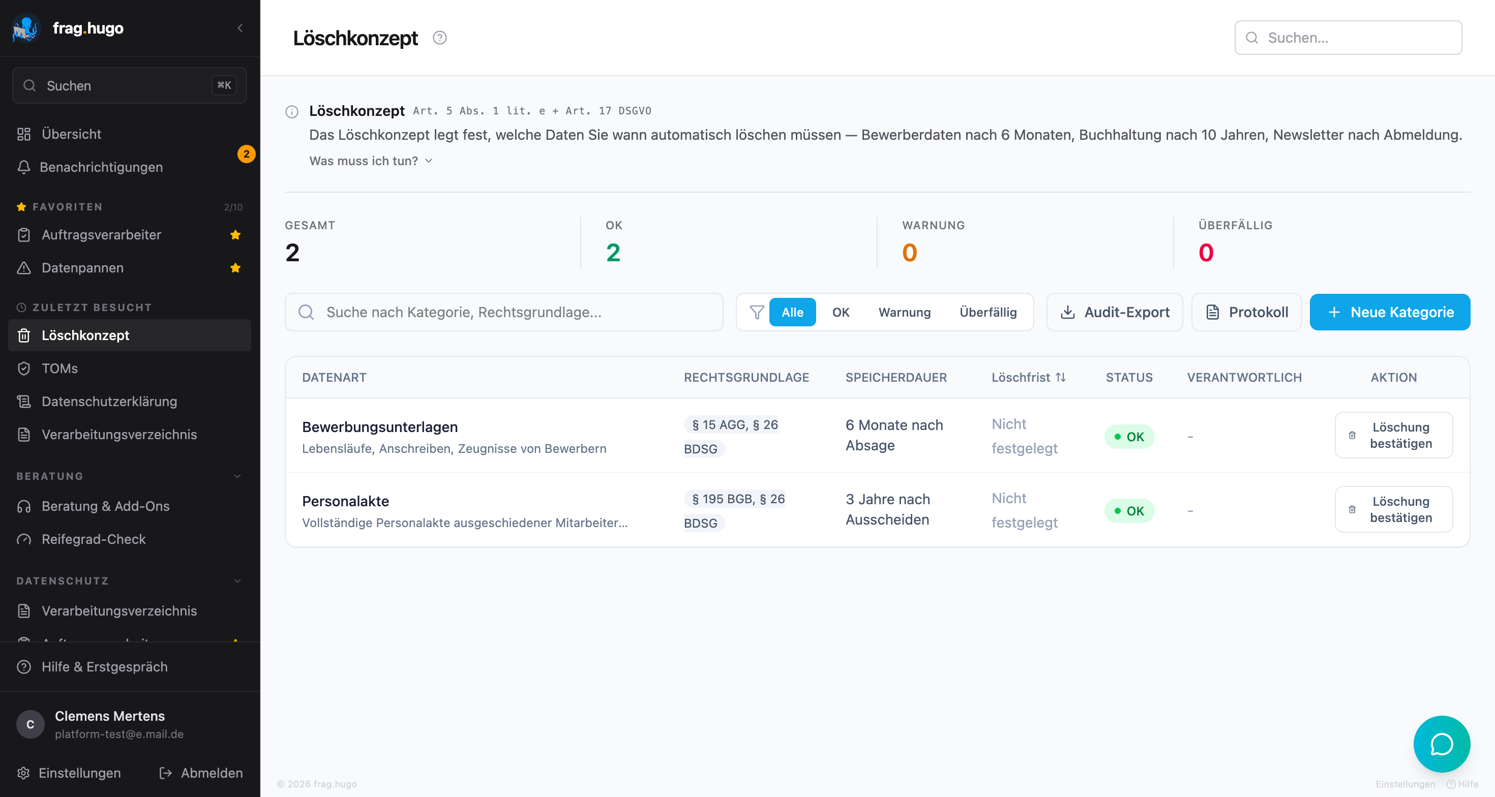 Löschkonzept mit Fristen pro Datenkategorie