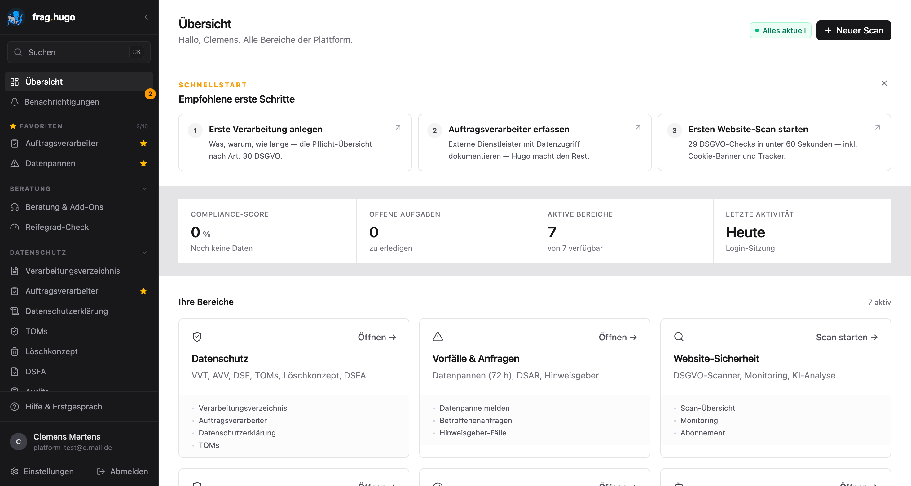 Dashboard mit Schnellstart und Bereichs-Karten