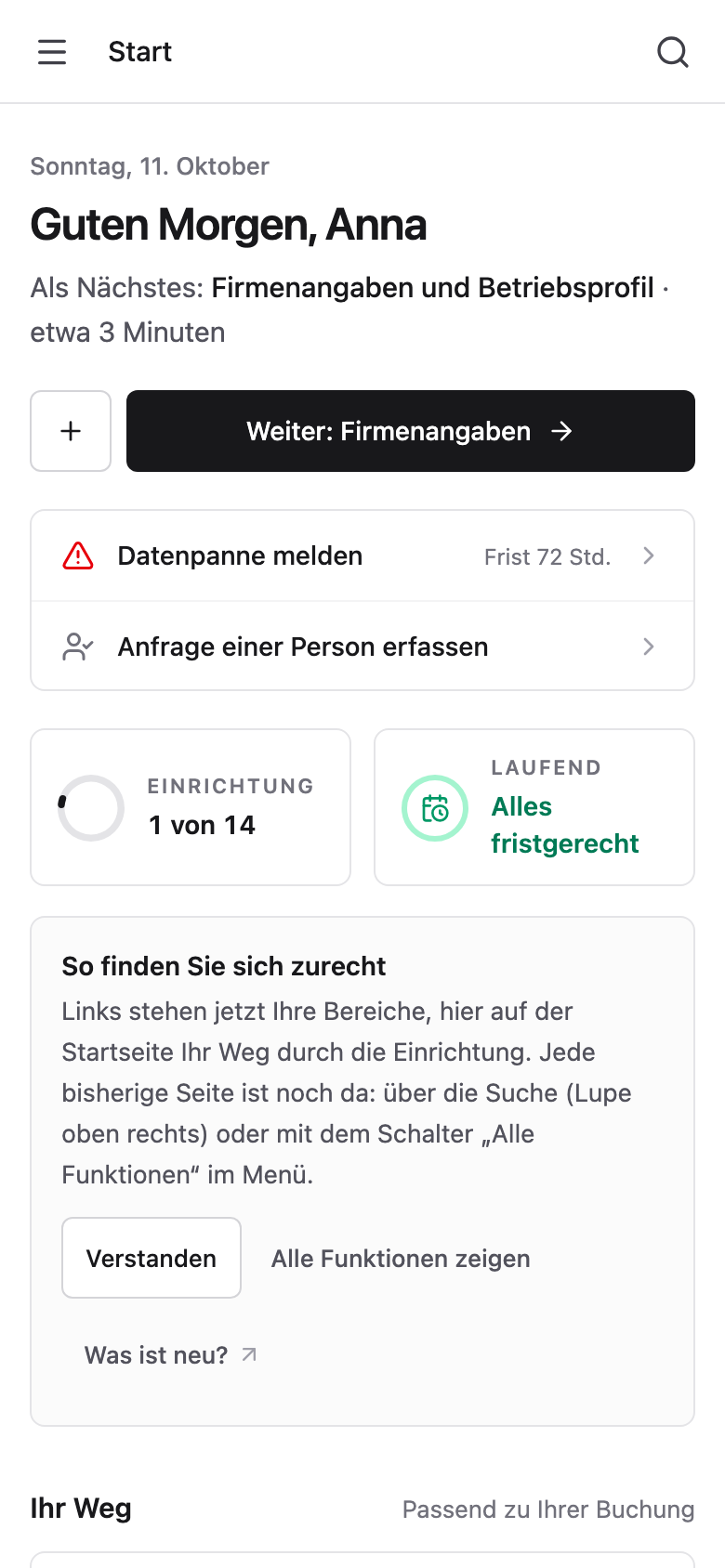 Die Startseite auf dem Handy mit Kopfleiste, Weiter-Knopf und „Etwas ist passiert?“