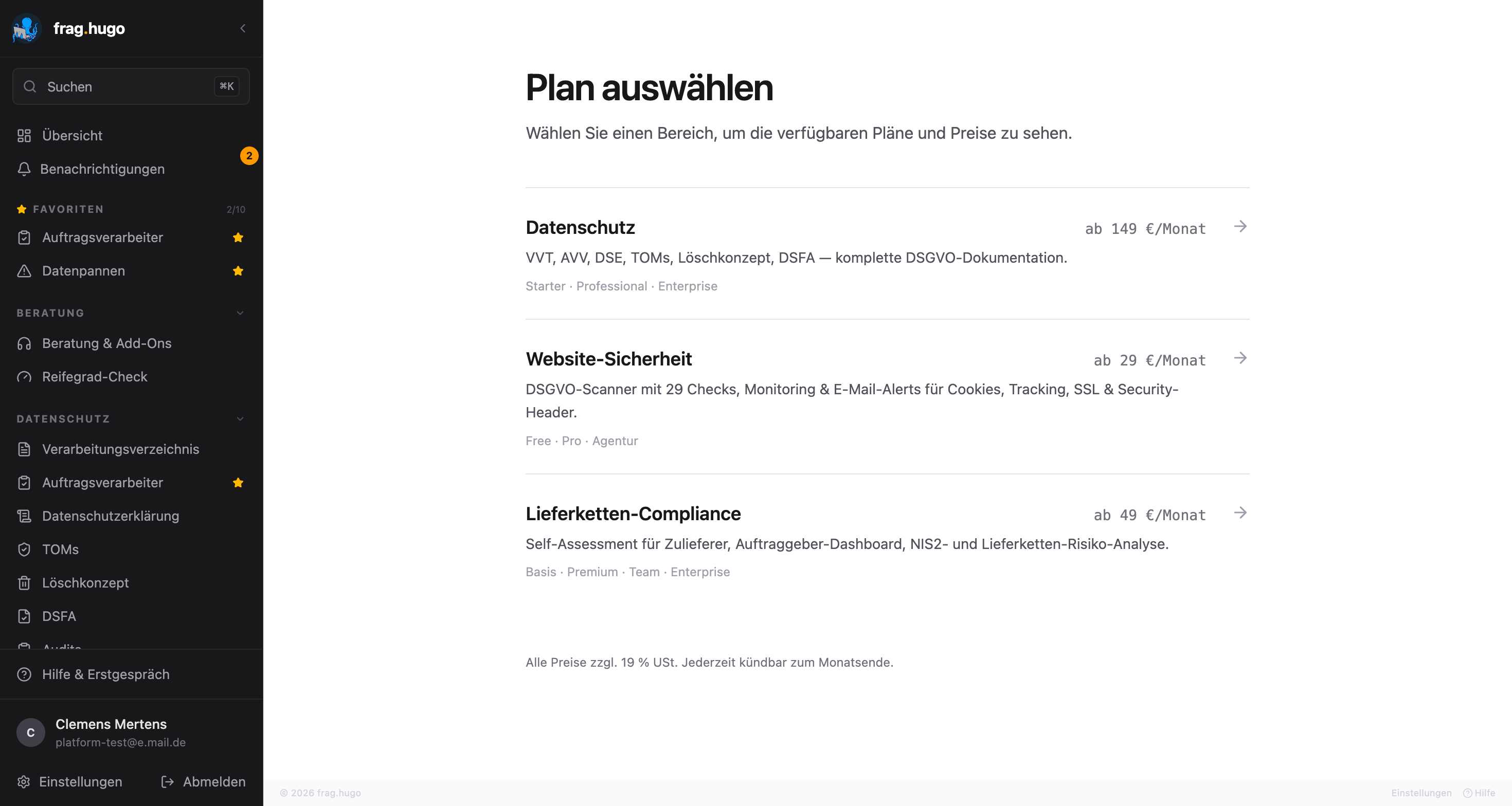 Upgrade-Seite mit allen Tarifen