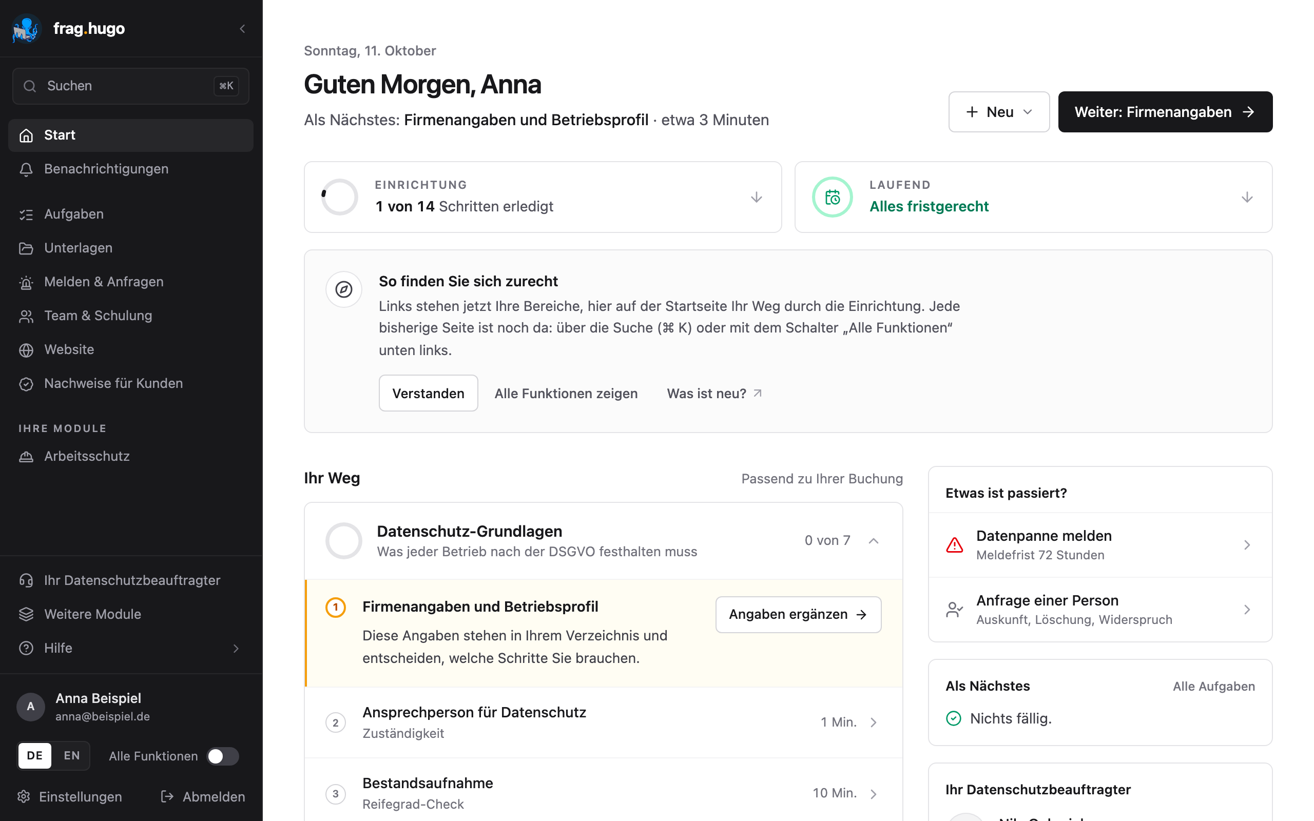 Die neue Startseite: links die Bereiche, rechts „Ihr Weg“ durch die Einrichtung
