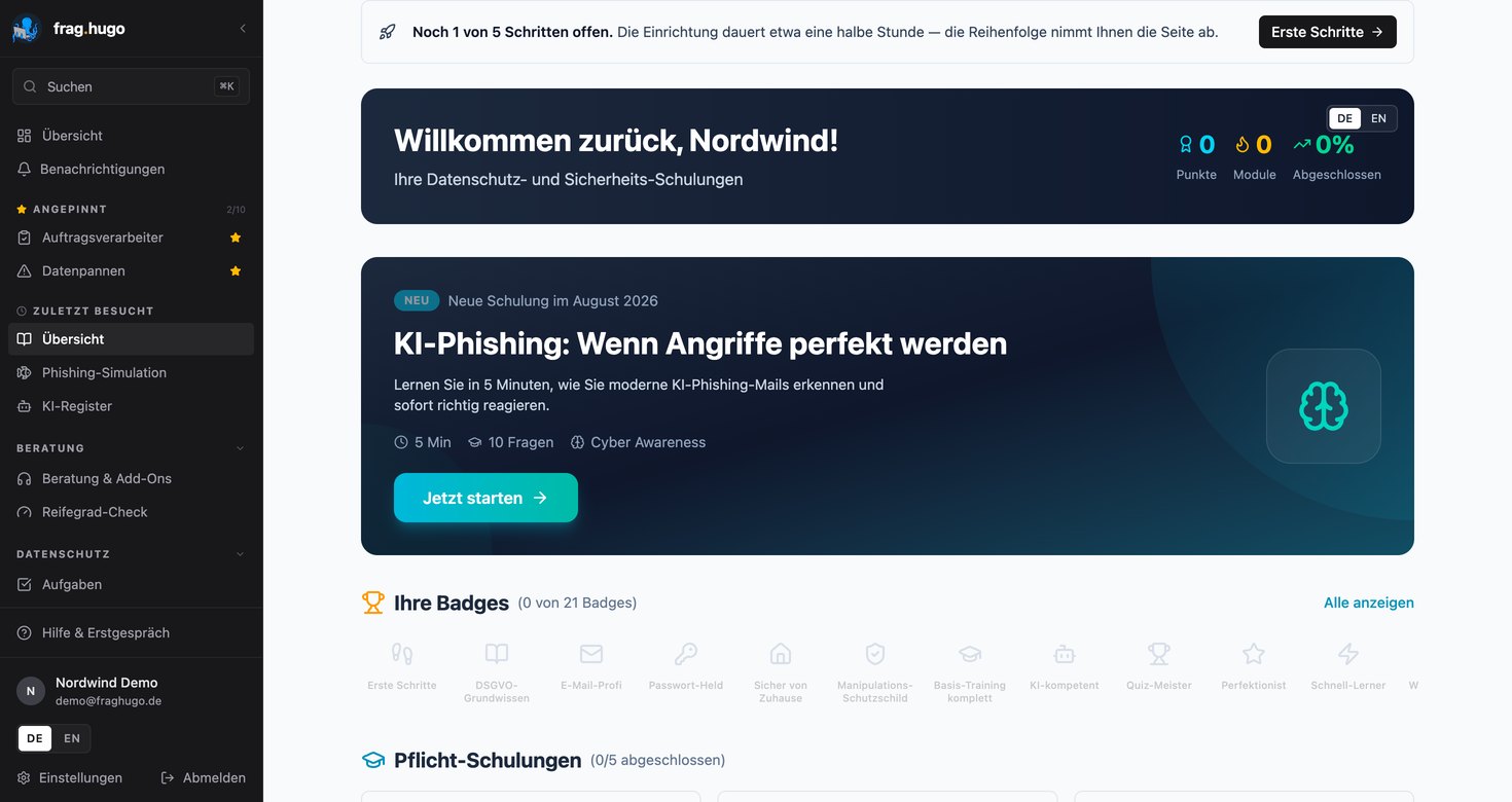 Schulungs-Übersicht in der frag.hugo-Plattform: Begrüßungsleiste mit Punktestand, Modulzahl und Fortschritt in Prozent, darunter die hervorgehobene neue Schulung „KI-Phishing: Wenn Angriffe perfekt werden“ mit Angaben zu Dauer und Fragenzahl, danach die Badge-Leiste und der Abschnitt Pflicht-Schulungen