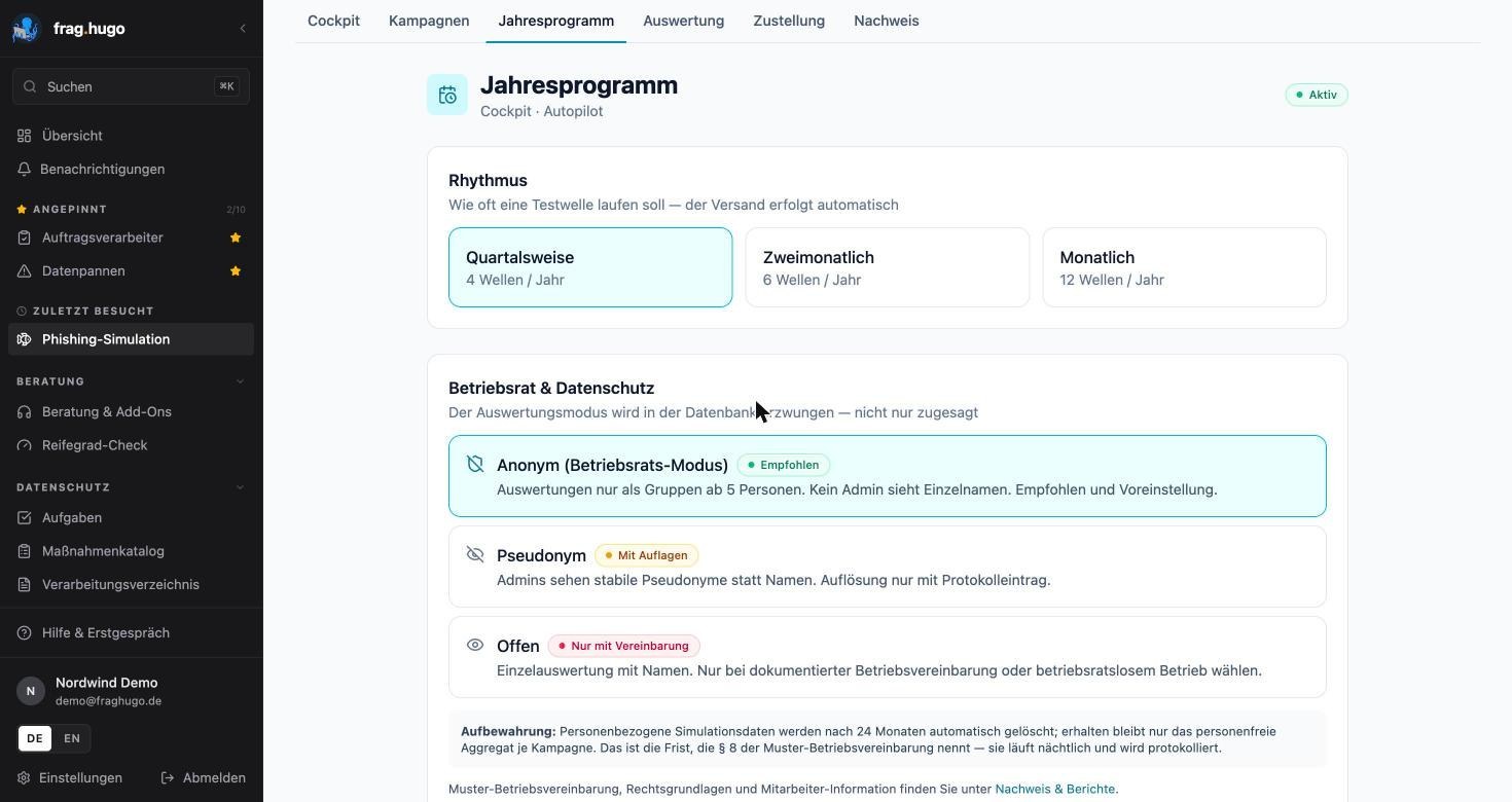 Jahresprogramm im Autopilot: Auswahl des Rhythmus zwischen quartalsweise (4 Wellen), zweimonatlich (6) und monatlich (12), darunter die drei Auswertungsmodi Anonym (Betriebsrats-Modus, empfohlen), Pseudonym und Offen sowie der Hinweis auf die 24-monatige Aufbewahrung