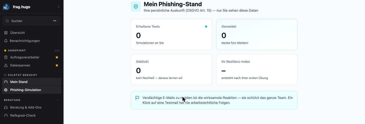 Ansicht „Mein Phishing-Stand“ mit dem Zusatz „Ihre persönliche Auskunft (DSGVO Art. 15) — nur Sie sehen diese Daten“: erhaltene Tests, gemeldet, geklickt und der eigene Resilienz-Index, dazu der Hinweis, dass ein Klick auf eine Testmail nie arbeitsrechtliche Folgen hat