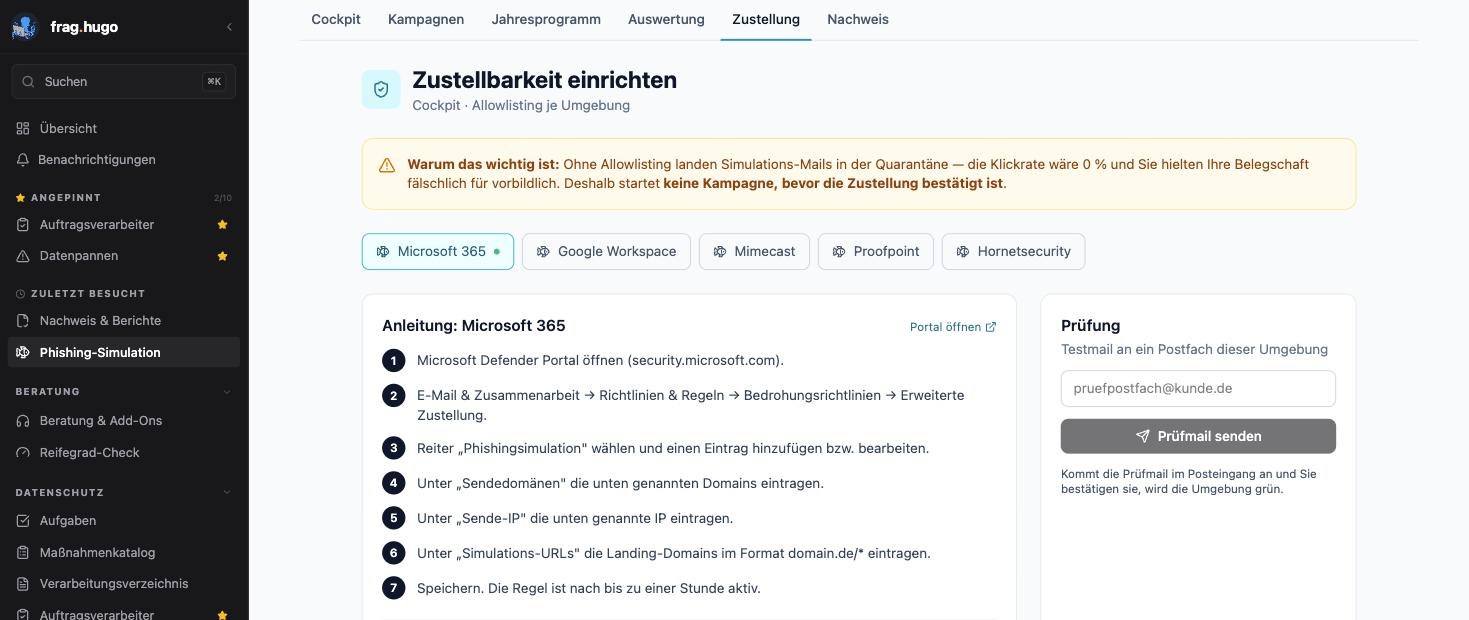 Assistent „Zustellbarkeit einrichten“ mit der Warnung zur Quarantäne, Reitern für Microsoft 365, Google Workspace, Mimecast, Proofpoint und Hornetsecurity, einer siebenstufigen Anleitung für Microsoft 365 und rechts dem Feld, um eine Prüfmail an ein Postfach dieser Umgebung zu senden