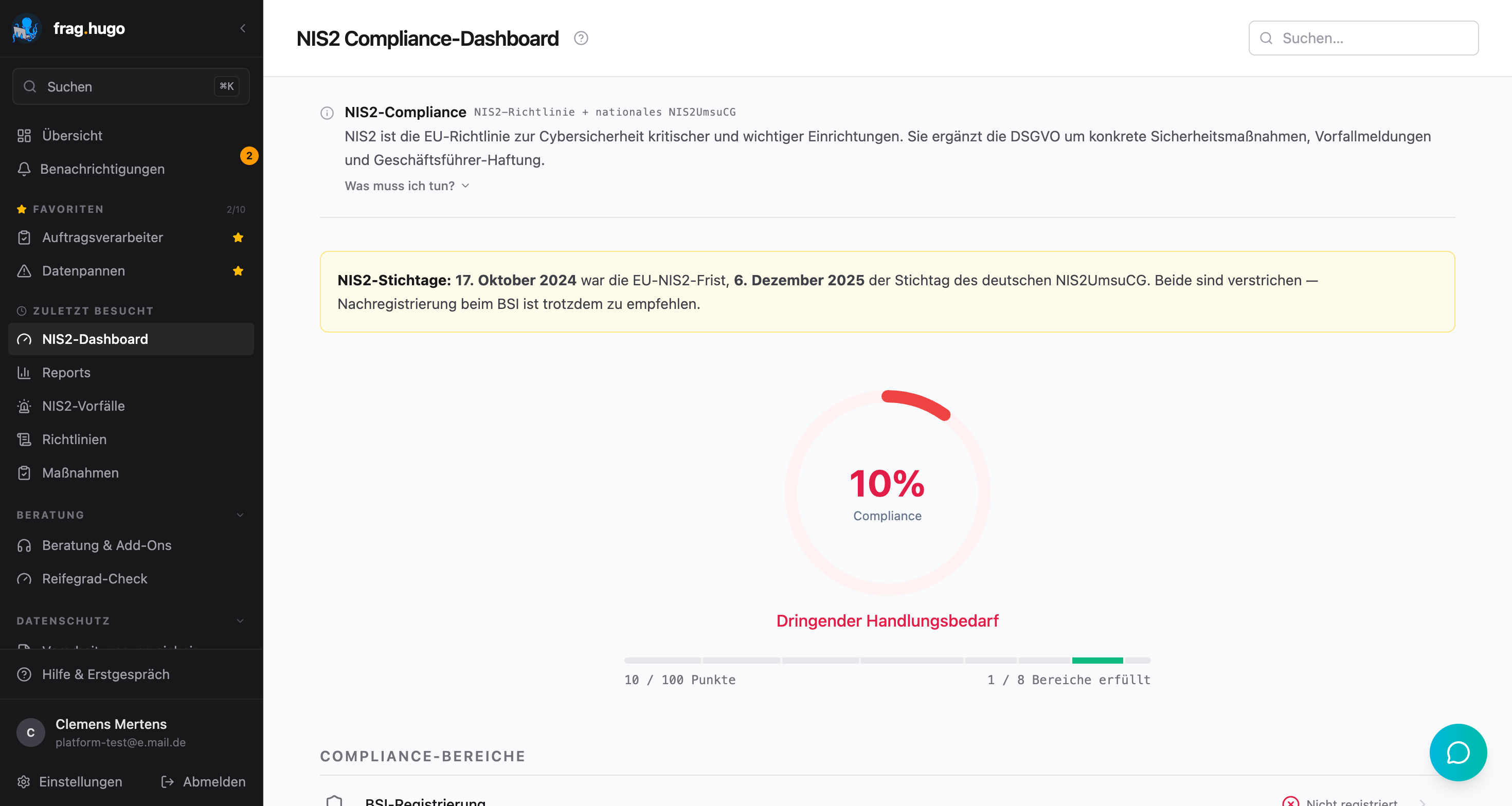 NIS2-Dashboard mit Compliance-Ampel