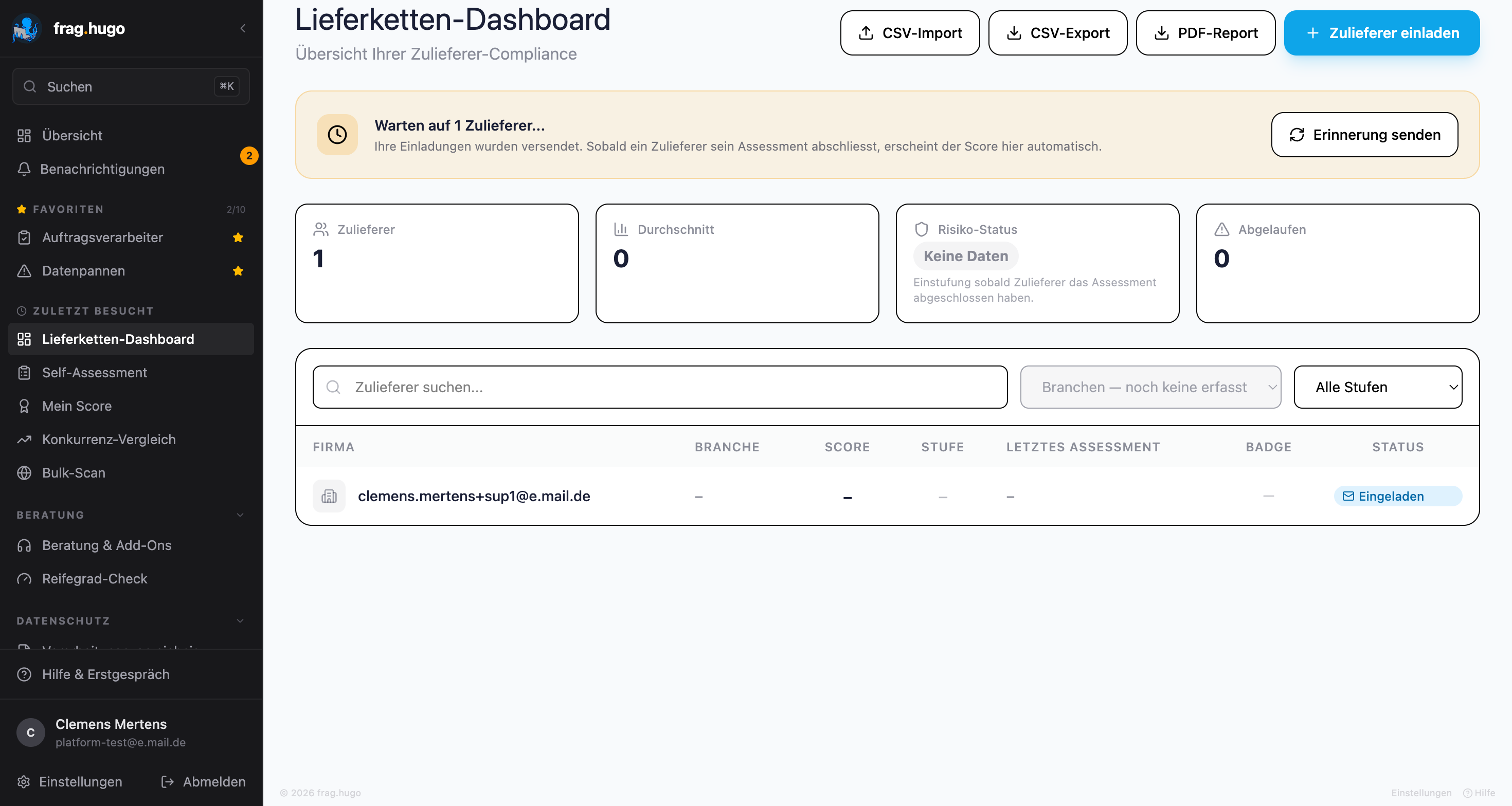 Auftraggeber-Dashboard mit Lieferanten-Liste