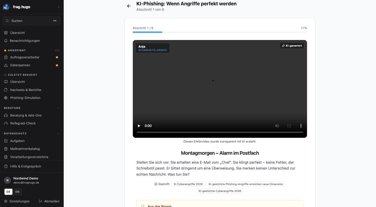 Ein Modul in der Lernansicht: Fortschrittsbalken bei Abschnitt 1 von 6, ein Erklärvideo mit der Kennzeichnung „KI-generiert“ und dem Hinweis, dass es transparent mit KI erstellt wurde, darunter der Lerntext und die geprüften Quellen