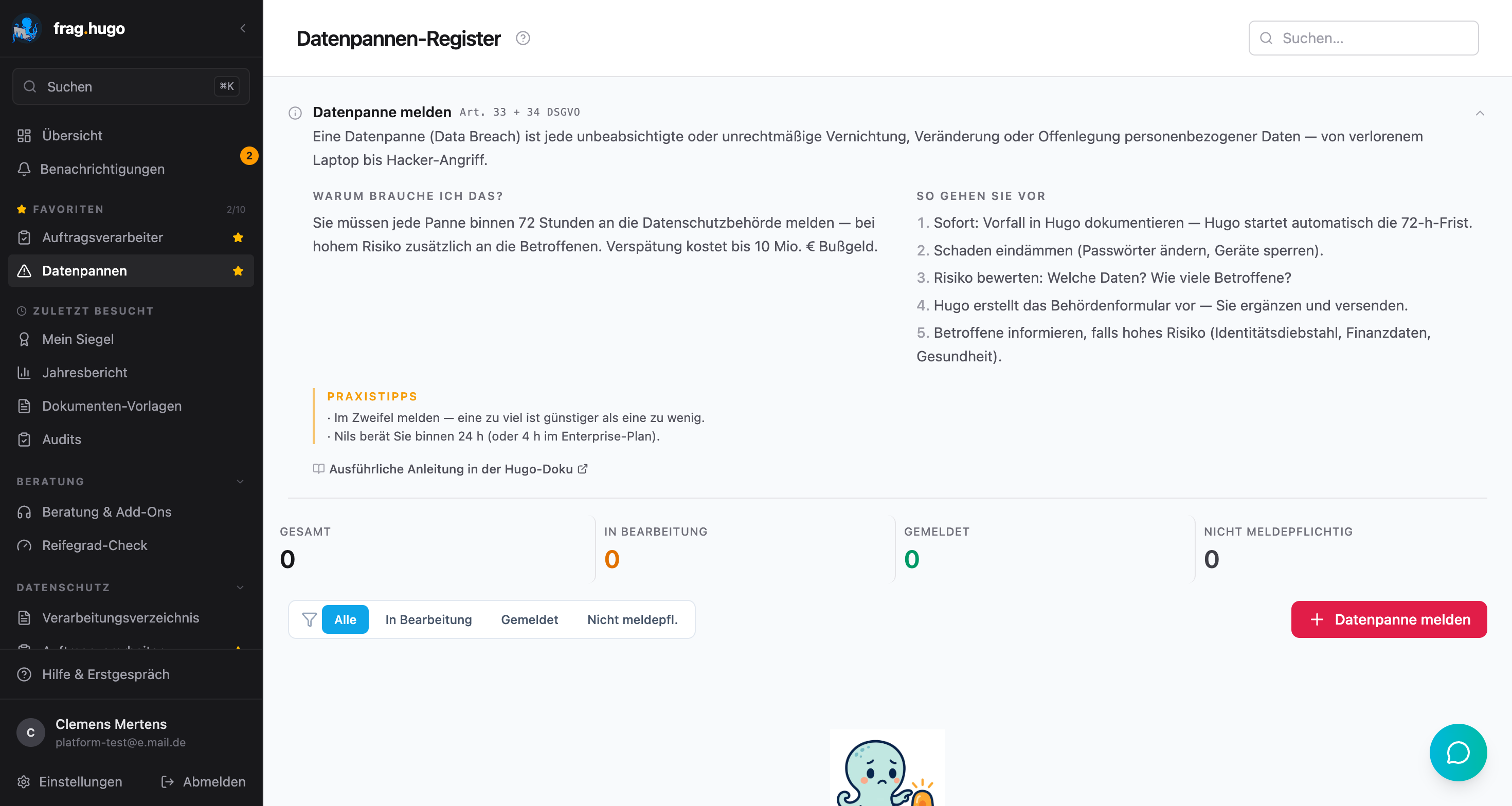 Datenpannen-Übersicht mit Status